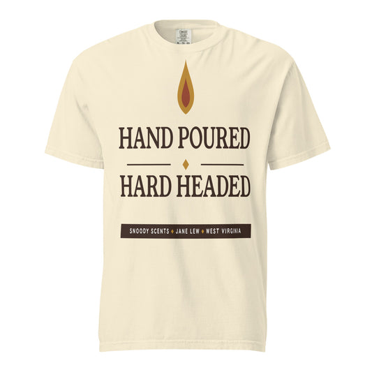Hand Poured, Hard Headed tee in Ivory — candle flame and stacked serif type on garment-dyed Comfort Colors