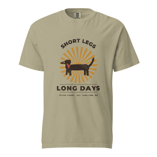 Short Legs Long Days dachshund t-shirt in Khaki — retro sunburst with a bandana-wearing wiener dog