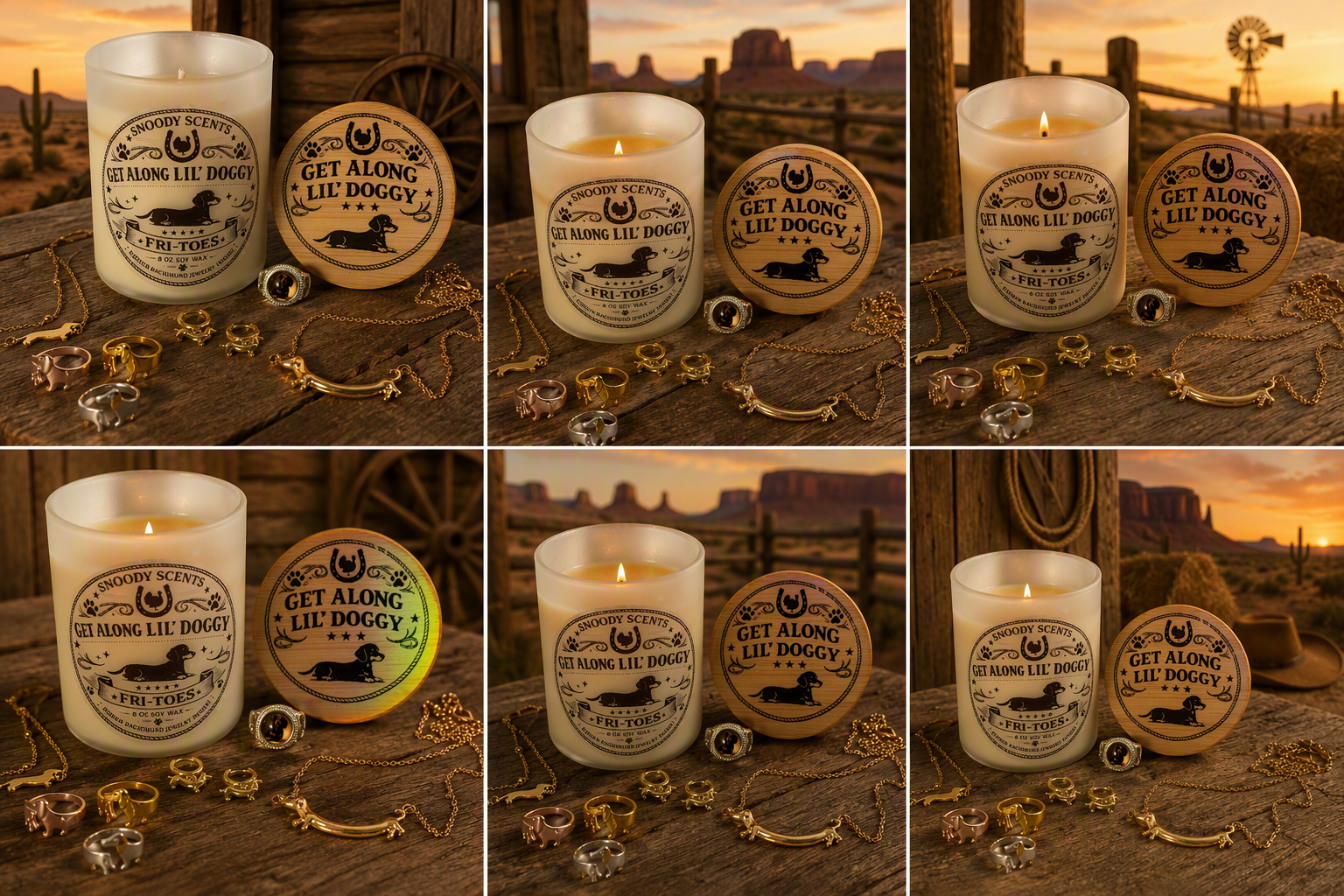 Get Along Lil' Doggy dachshund jewelry candle by Snoody Scents, six-photo collage of the 8 oz soy candle and hidden dachshund jewelry