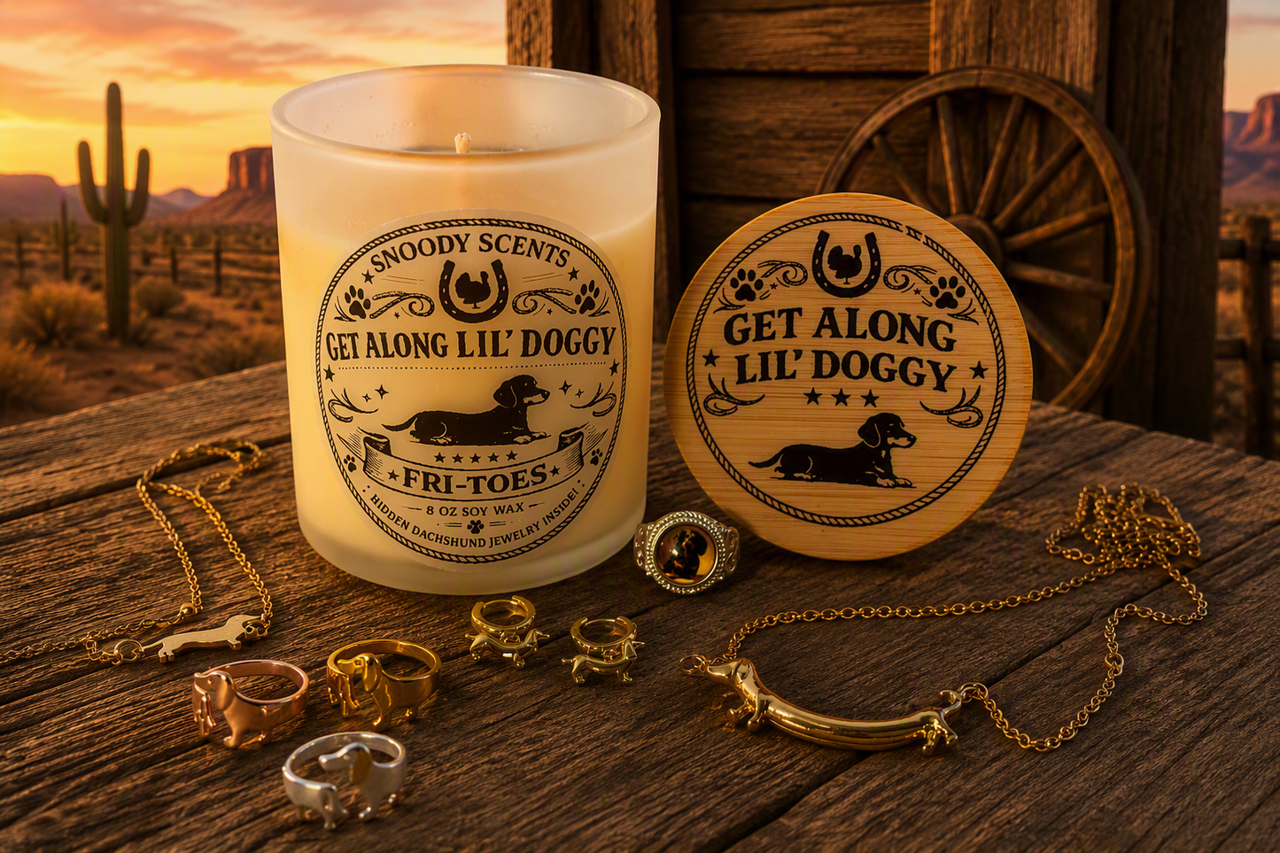 Lit Get Along Lil' Doggy dachshund jewelry candle with the full range of hidden dachshund charms, rings and necklaces