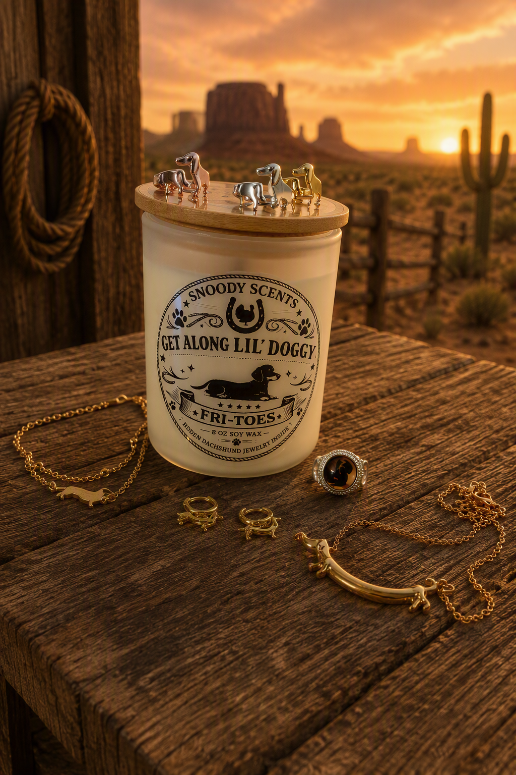 Get Along Lil' Doggy corn chip scented candle with lid, shown with the dachshund necklace, rings and bracelet hidden inside