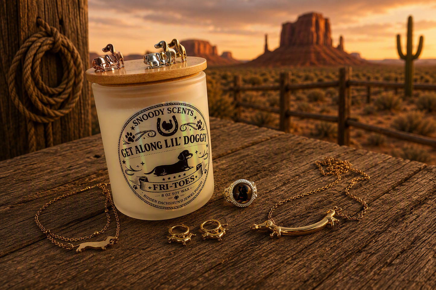 Snoody Scents Get Along Lil' Doggy 8 oz candle with wooden lid on a rustic table at sunset