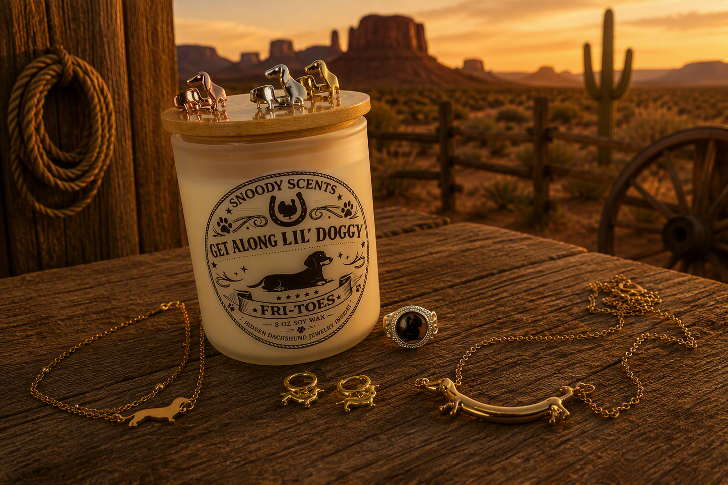 Get Along Lil' Doggy candle with bamboo lid, topped with miniature dachshund figures and jewelry