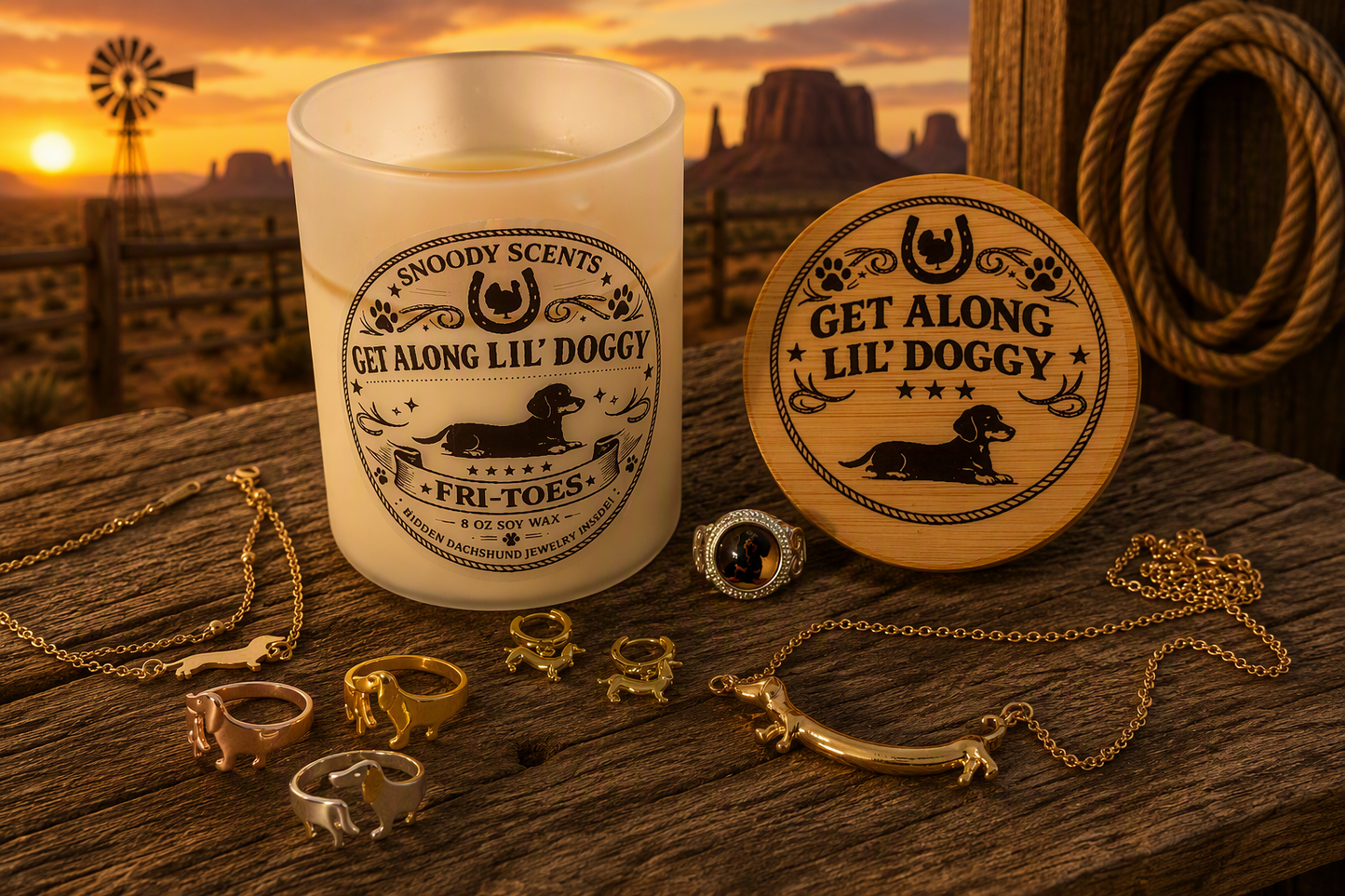 Burning Get Along Lil' Doggy dachshund candle with gold and silver dachshund jewelry laid out on weathered wood