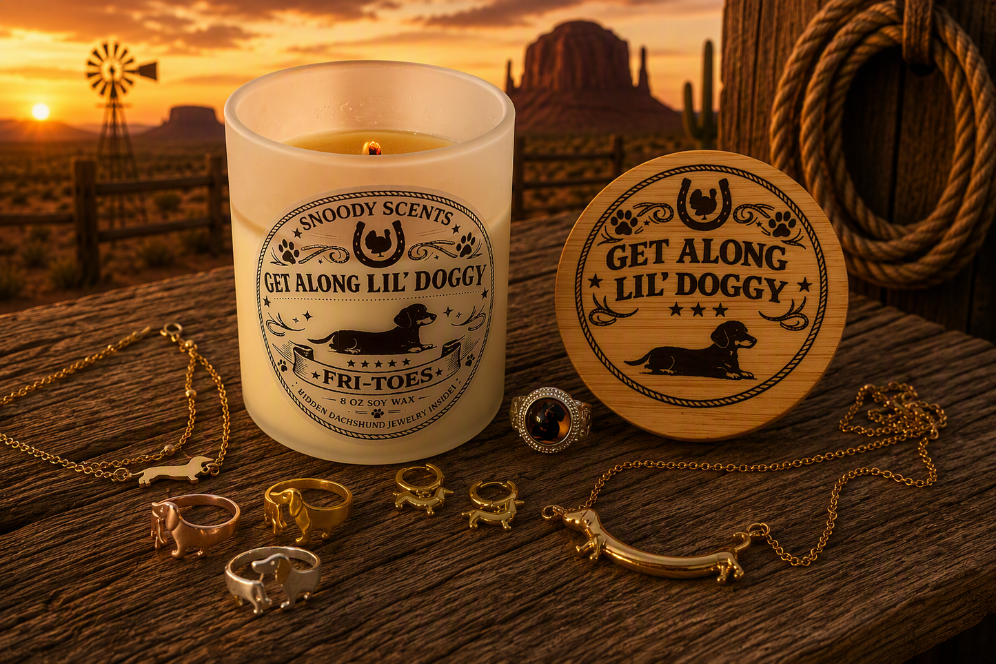 Get Along Lil' Doggy 8 oz soy candle beside a carved wooden western sign and hidden dachshund jewelry pieces
