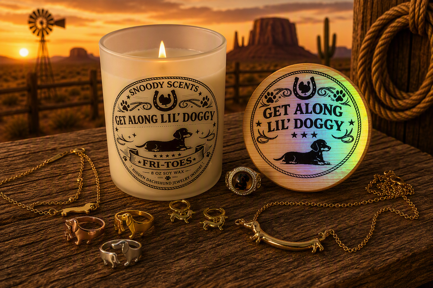 Snoody Scents Get Along Lil' Doggy treasure candle with holographic label and assorted dachshund rings and pendants