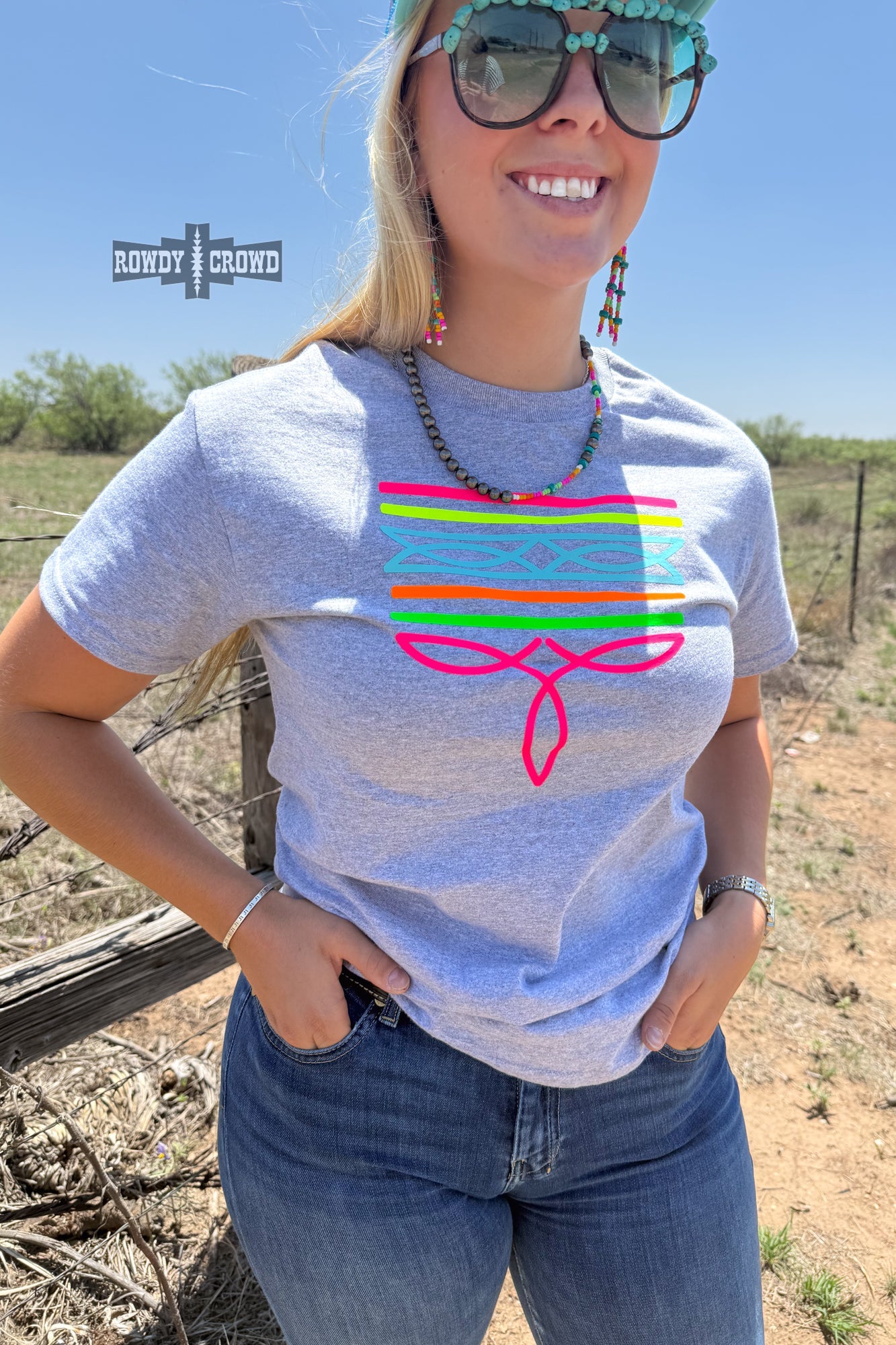 Gray Neon Boot Stitch Tee — western graphic tee