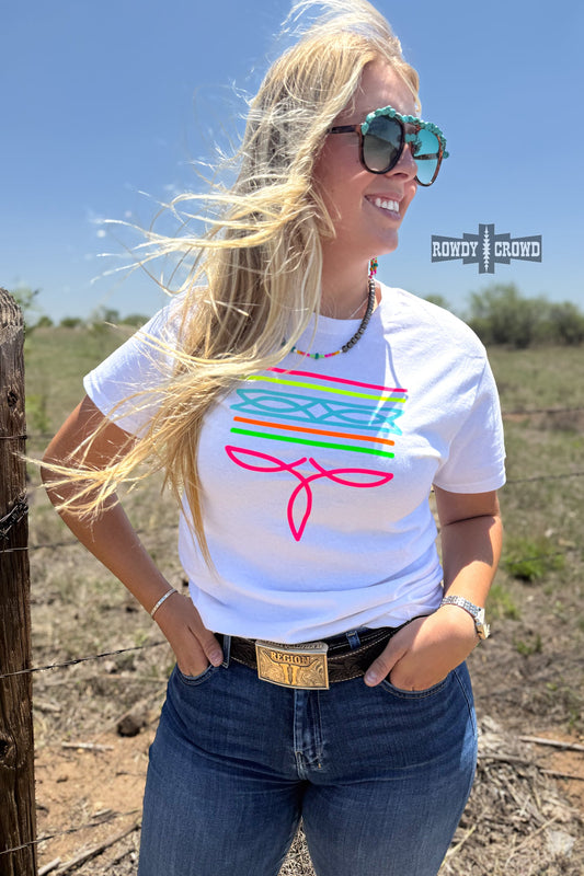 White Neon Boot Stitch Tee — western graphic tee