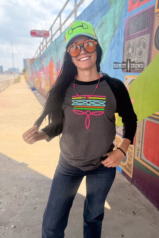 Neon Boot Stitch Raglan — western raglan tee