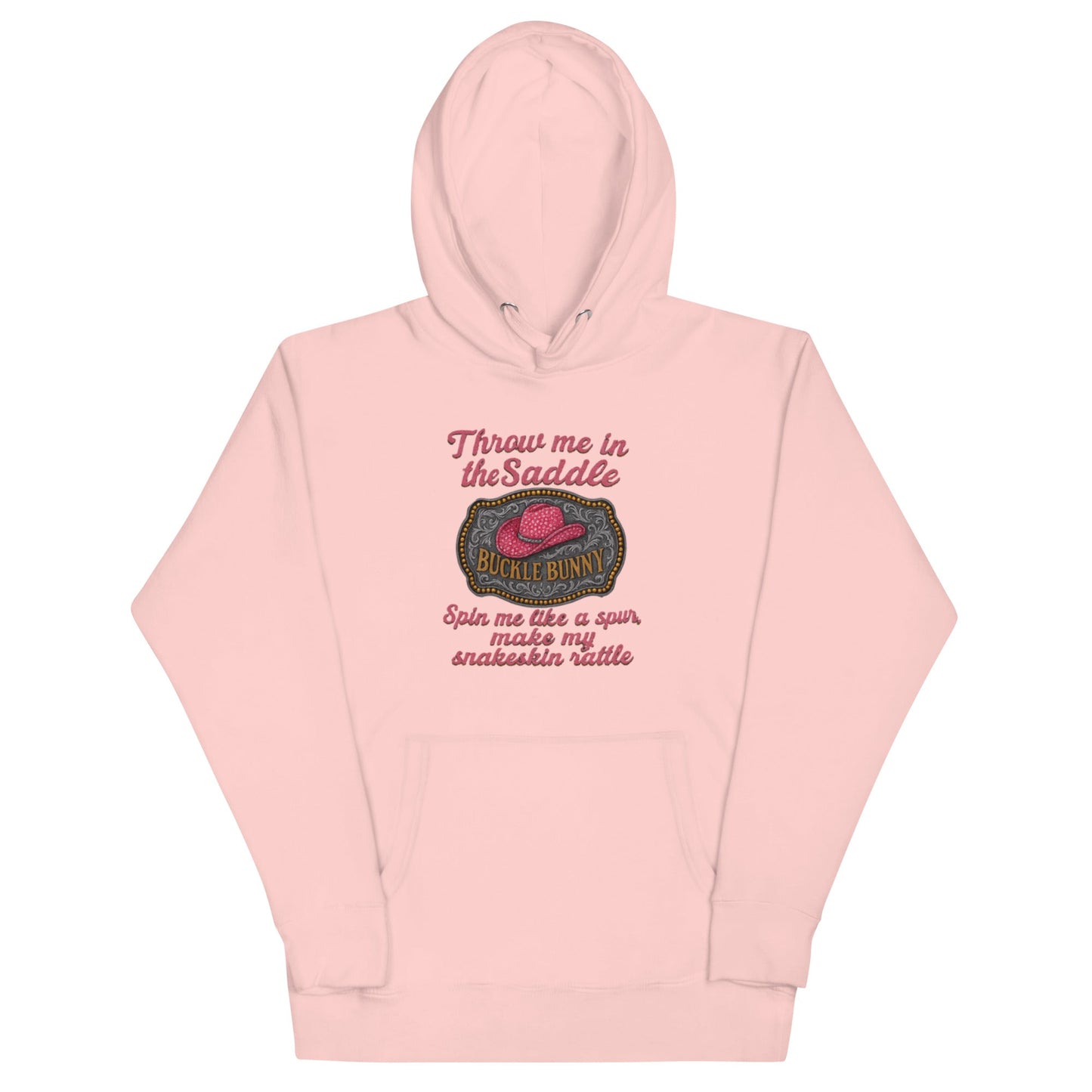 Buckle Bunny Rhinestone Cowboy Hat Women’s Hoodie — Pink Glitter Rodeo Design - Snoody Scents