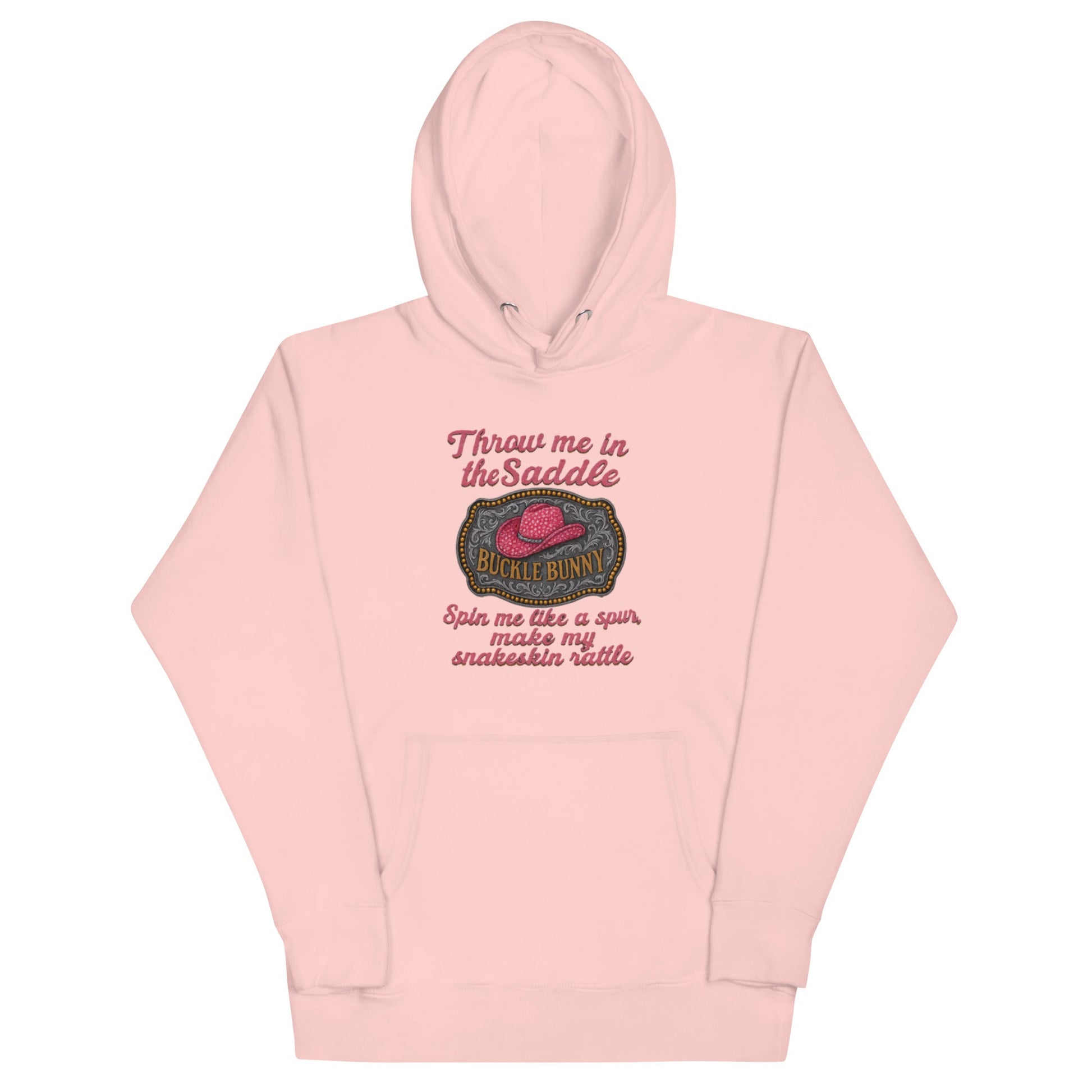 Buckle Bunny Rhinestone Cowboy Hat Women’s Hoodie — Pink Glitter Rodeo Design - Snoody Scents