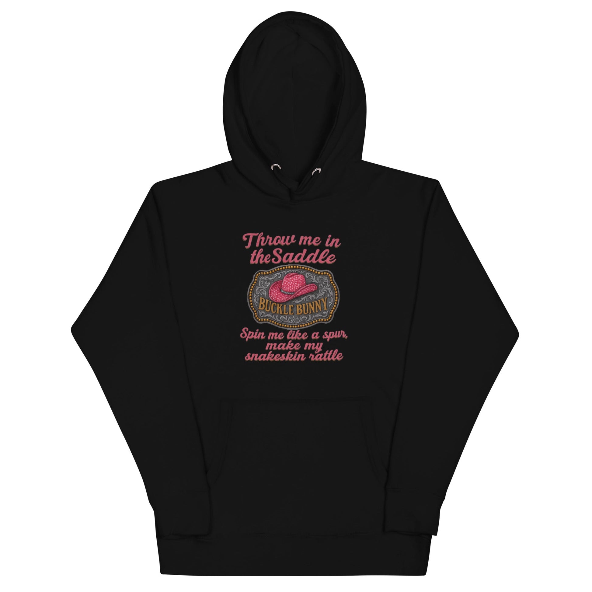 Buckle Bunny Rhinestone Cowboy Hat Women’s Hoodie — Pink Glitter Rodeo Design - Snoody Scents