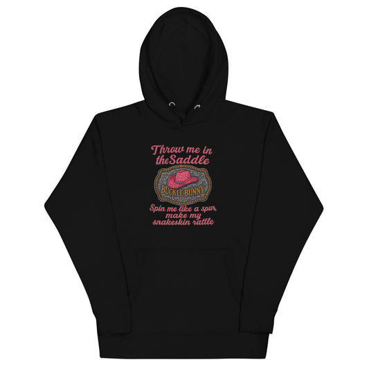 Buckle Bunny Rhinestone Cowboy Hat Women’s Hoodie — Pink Glitter Rodeo Design - Snoody Scents