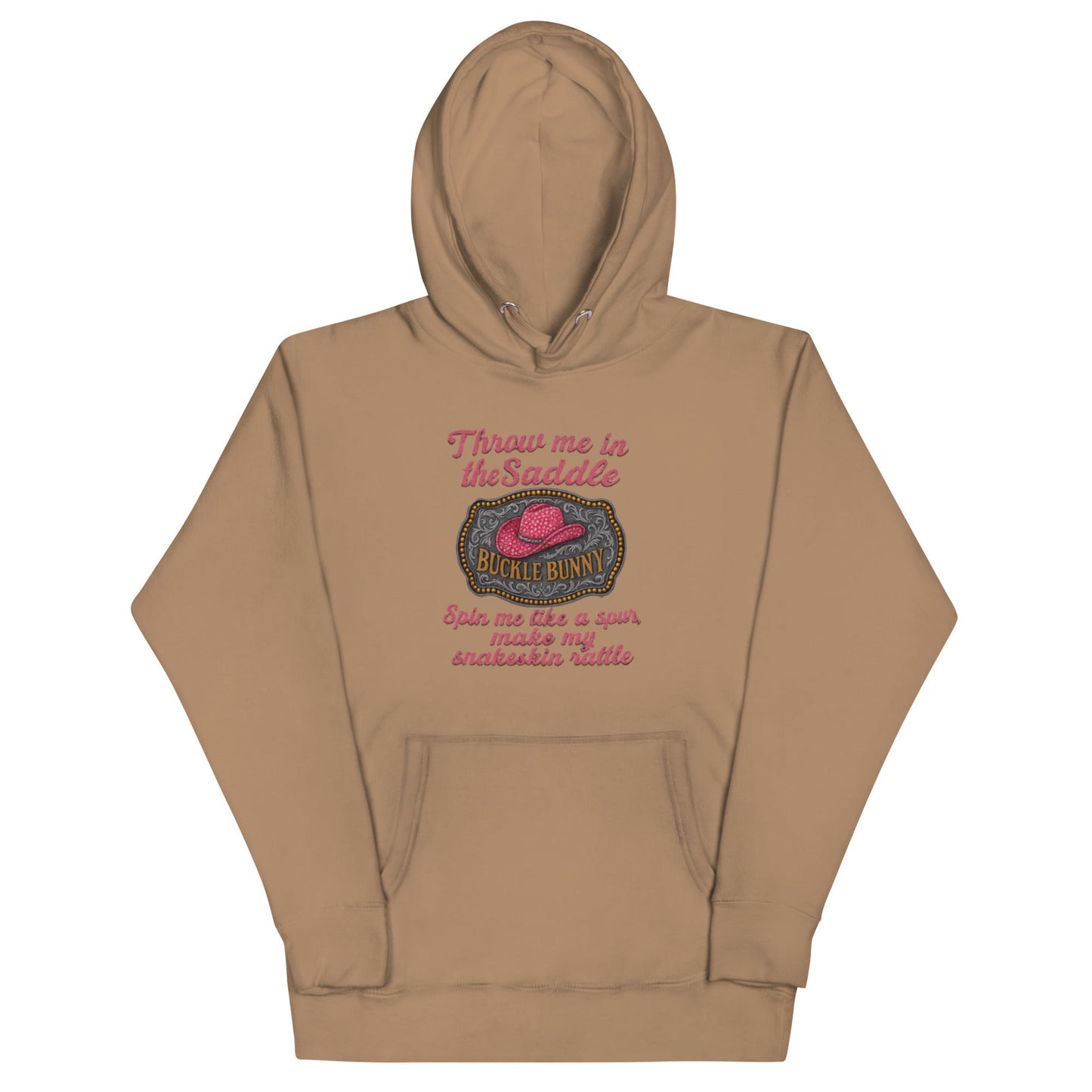 Buckle Bunny Rhinestone Cowboy Hat Women’s Hoodie — Pink Glitter Rodeo Design - Snoody Scents