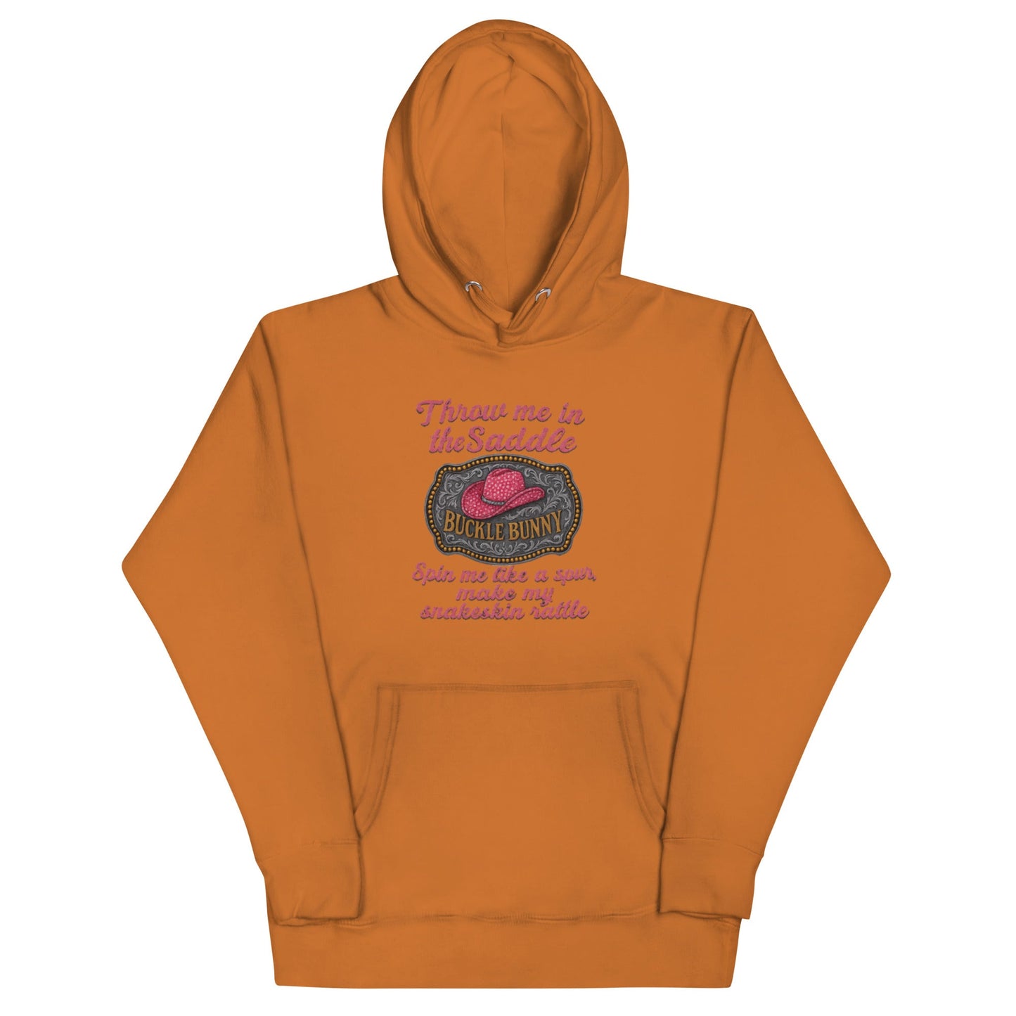 Buckle Bunny Rhinestone Cowboy Hat Women’s Hoodie — Pink Glitter Rodeo Design - Snoody Scents