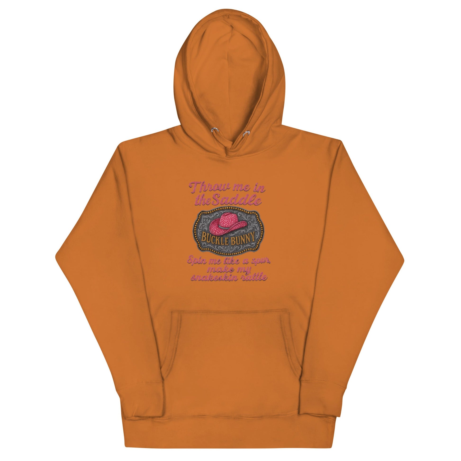 Buckle Bunny Rhinestone Cowboy Hat Women’s Hoodie — Pink Glitter Rodeo Design - Snoody Scents