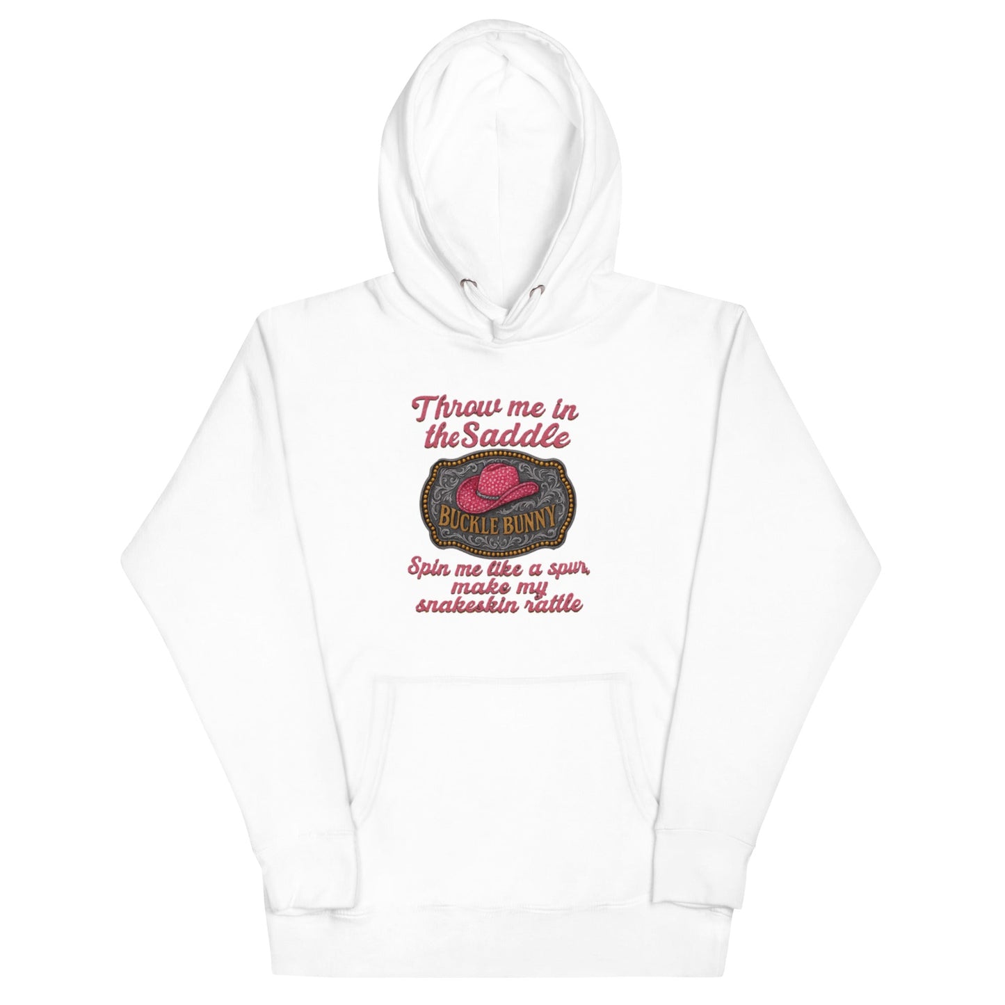 Buckle Bunny Rhinestone Cowboy Hat Women’s Hoodie — Pink Glitter Rodeo Design - Snoody Scents