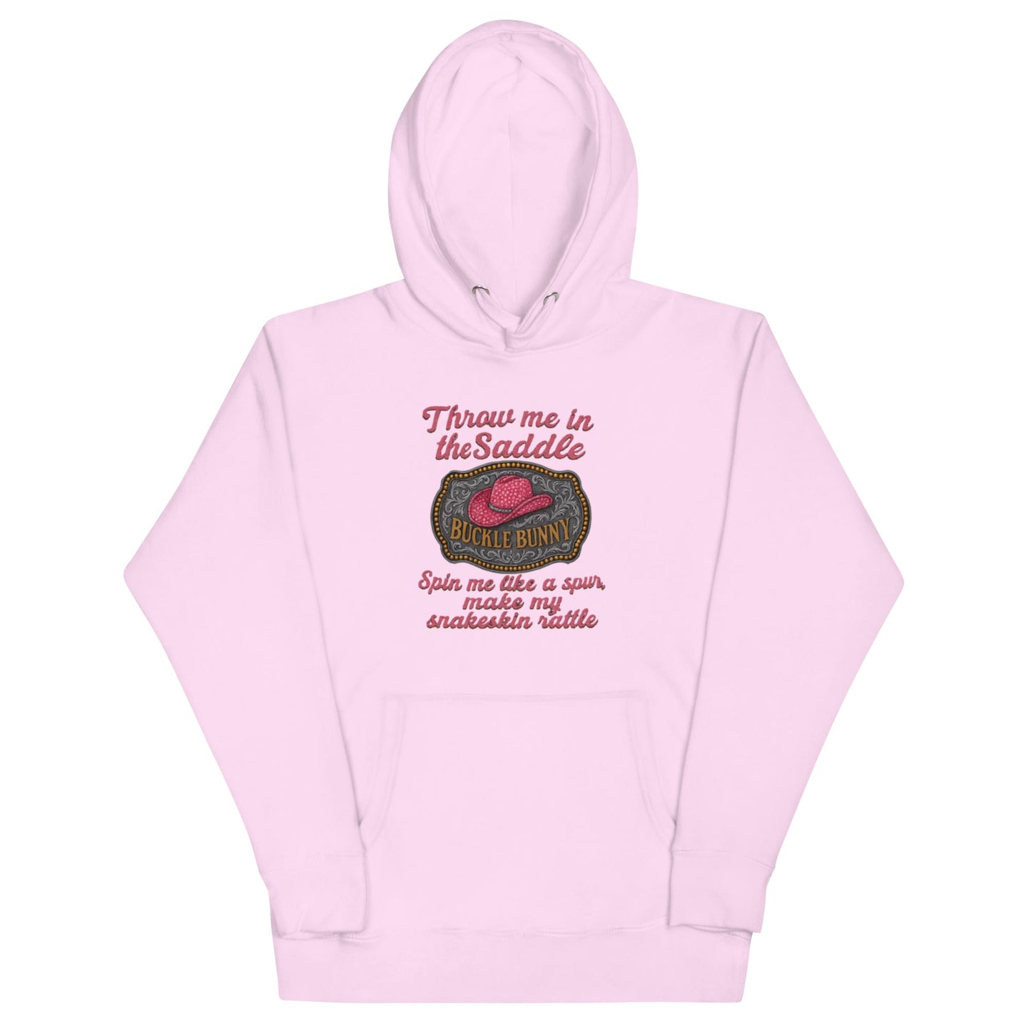 Buckle Bunny Rhinestone Cowboy Hat Women’s Hoodie — Pink Glitter Rodeo Design - Snoody Scents