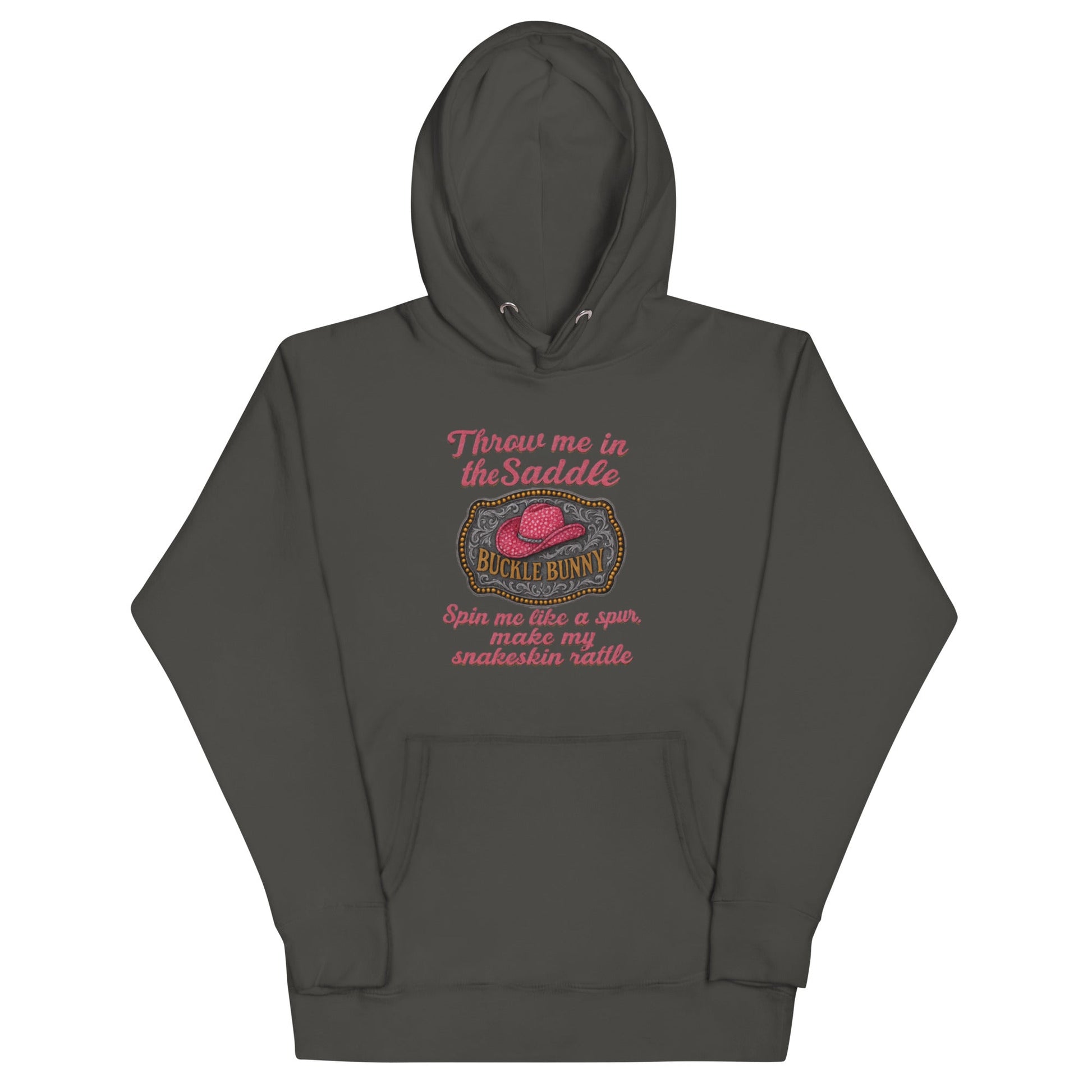 Buckle Bunny Rhinestone Cowboy Hat Women’s Hoodie — Pink Glitter Rodeo Design - Snoody Scents