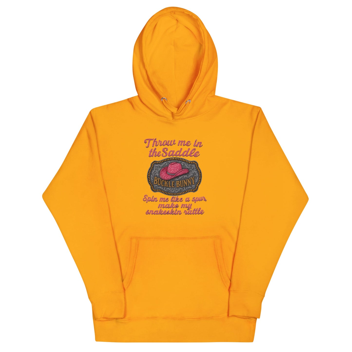 Buckle Bunny Rhinestone Cowboy Hat Women’s Hoodie — Pink Glitter Rodeo Design - Snoody Scents