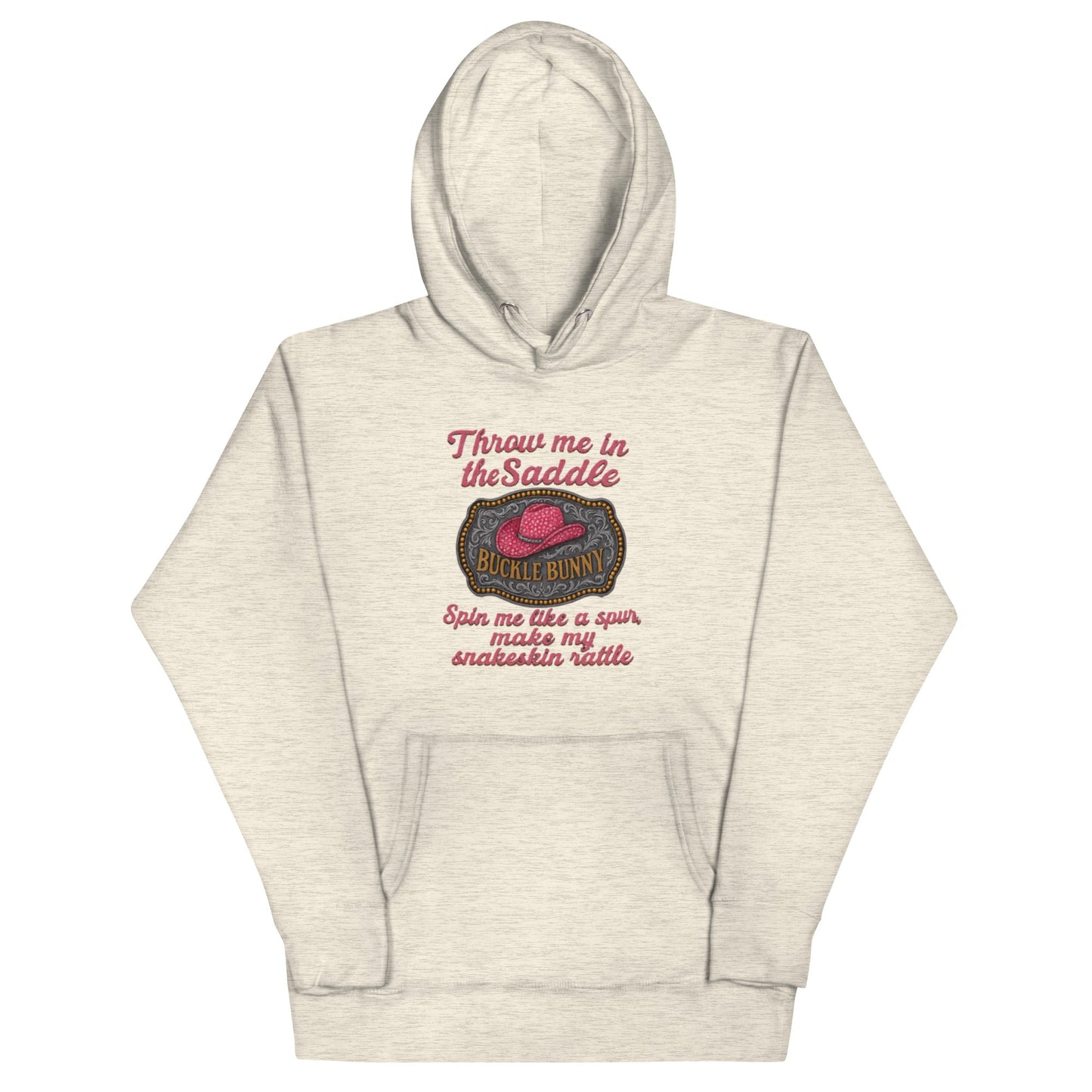 Buckle Bunny Rhinestone Cowboy Hat Women’s Hoodie — Pink Glitter Rodeo Design - Snoody Scents