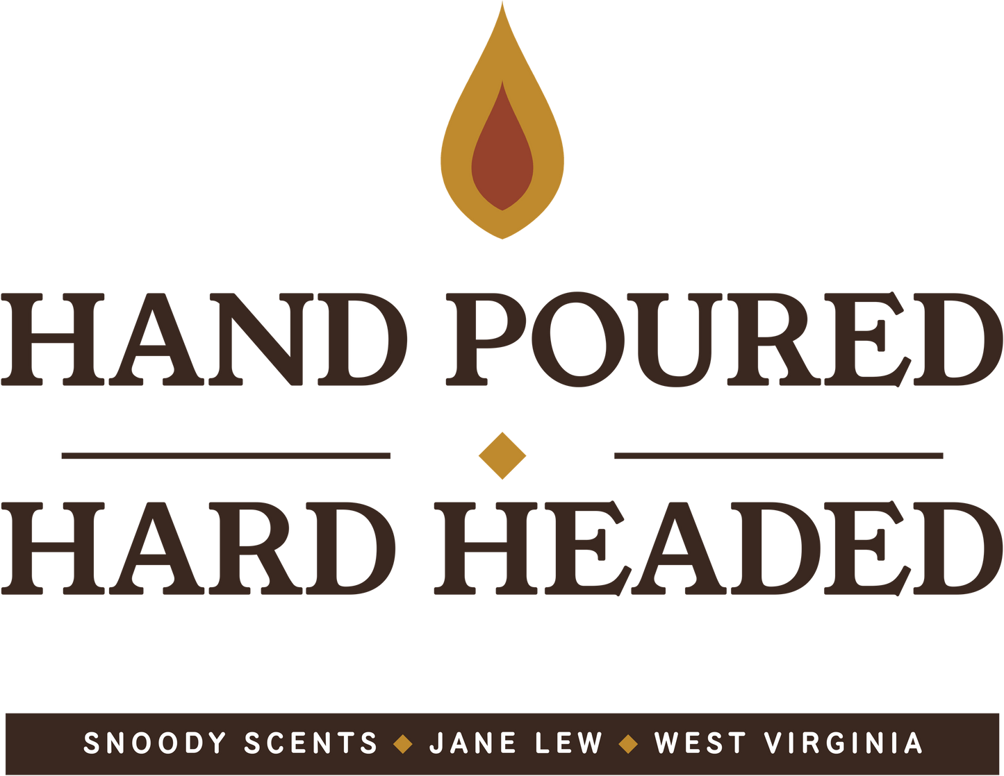 Hand Poured Hard Headed design — candle flame above stacked serif type, Snoody Scents Jane Lew West Virginia