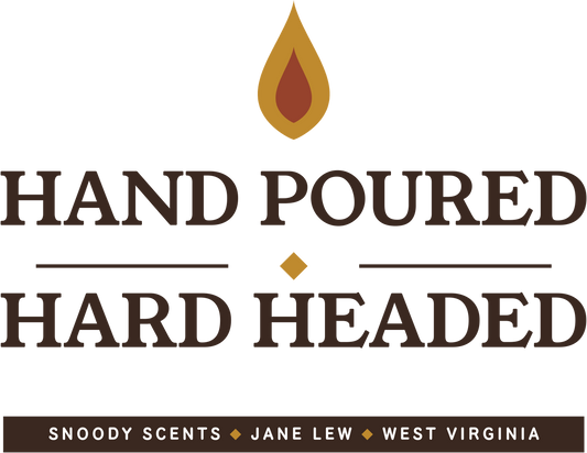 Hand Poured Hard Headed design — candle flame above stacked serif type, Snoody Scents Jane Lew West Virginia