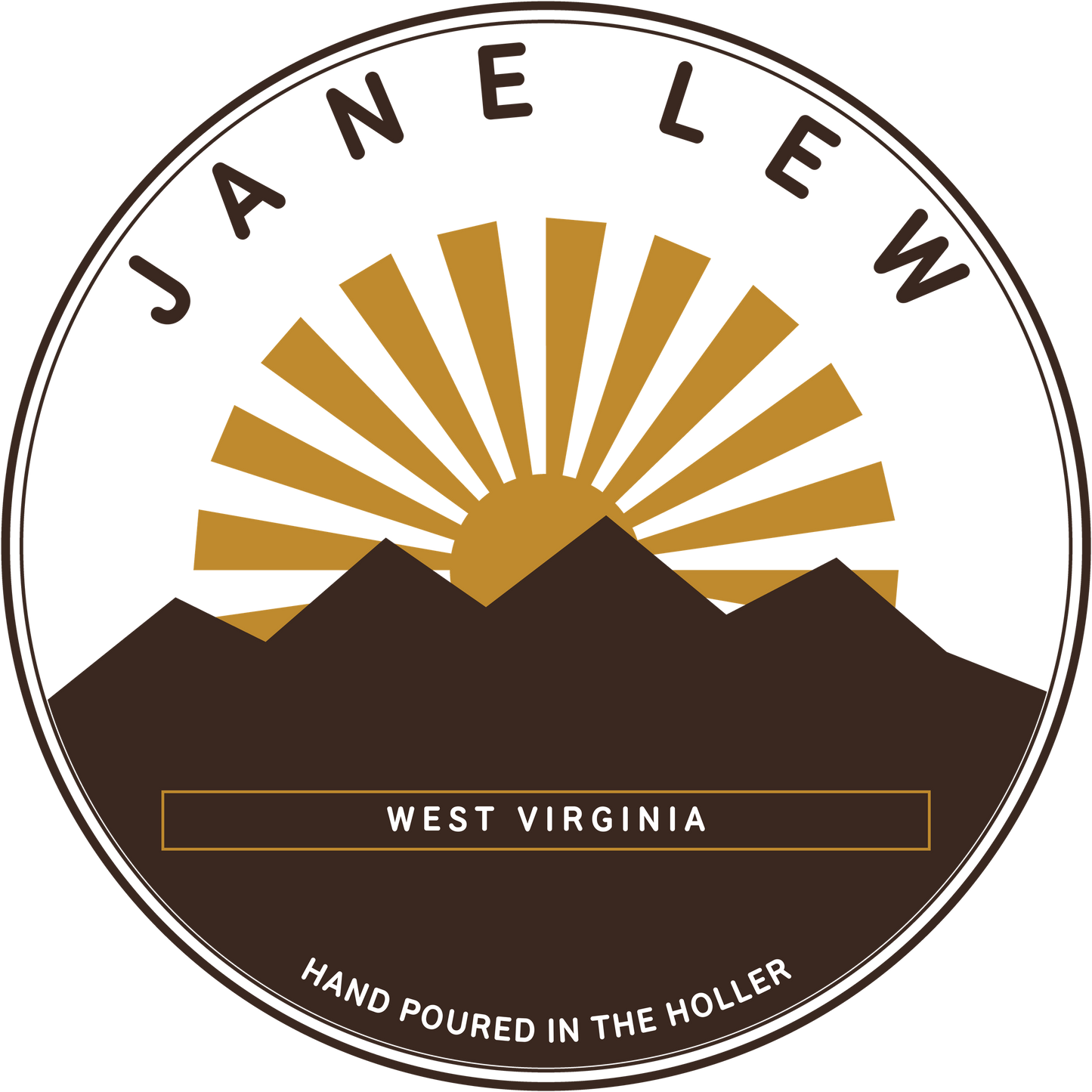 Jane Lew West Virginia badge design — sunrise over an Appalachian ridge, hand poured in the holler