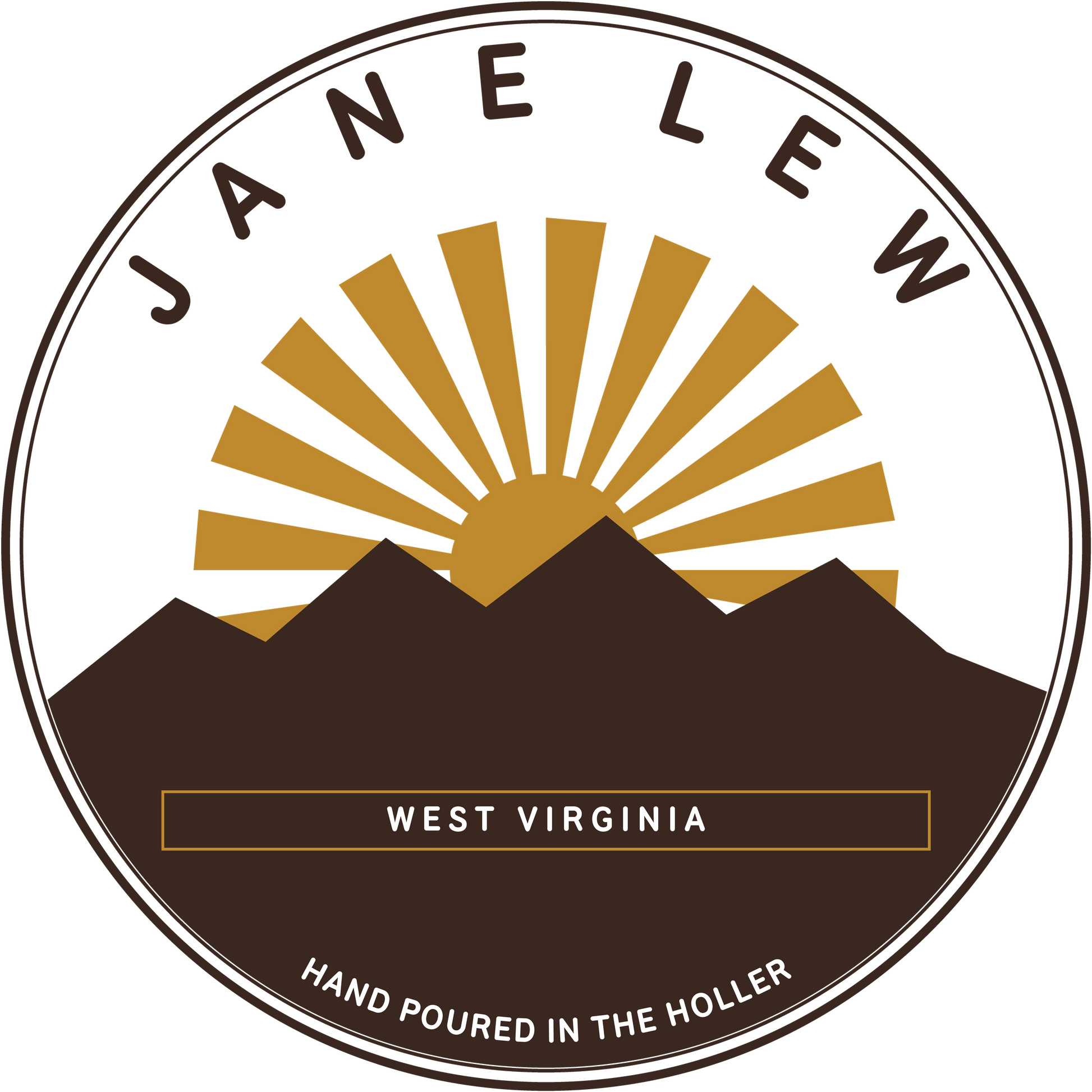 Jane Lew West Virginia badge design — sunrise over an Appalachian ridge, hand poured in the holler