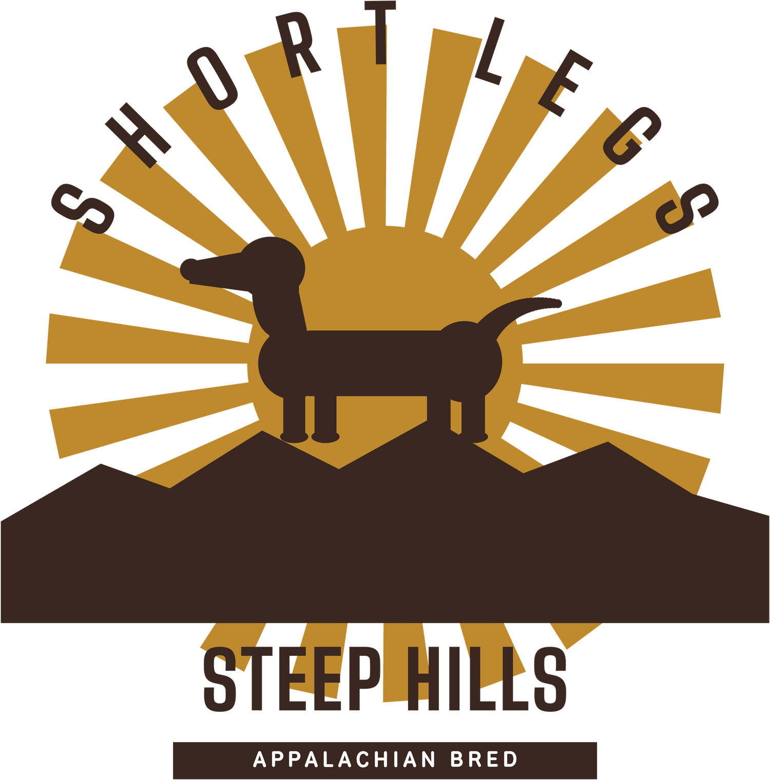 Short Legs Steep Hills design — dachshund silhouette on an Appalachian ridge at sunrise, Appalachian bred