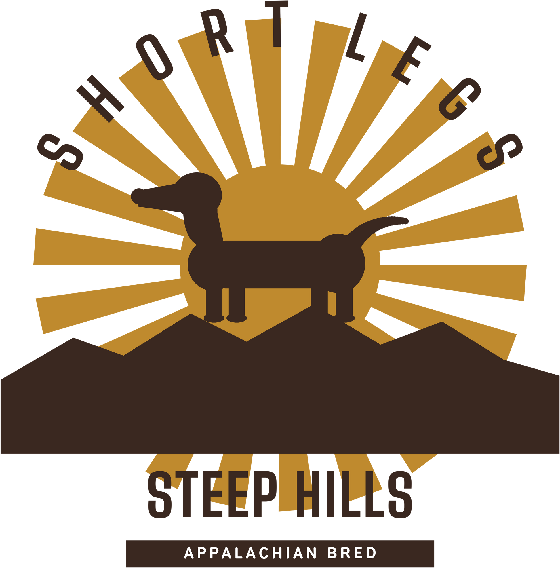 Short Legs Steep Hills design — dachshund silhouette on an Appalachian ridge at sunrise, Appalachian bred