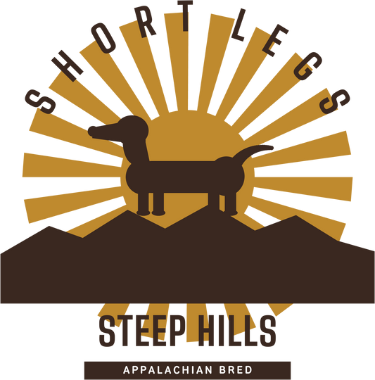Short Legs Steep Hills design — dachshund silhouette on an Appalachian ridge at sunrise, Appalachian bred
