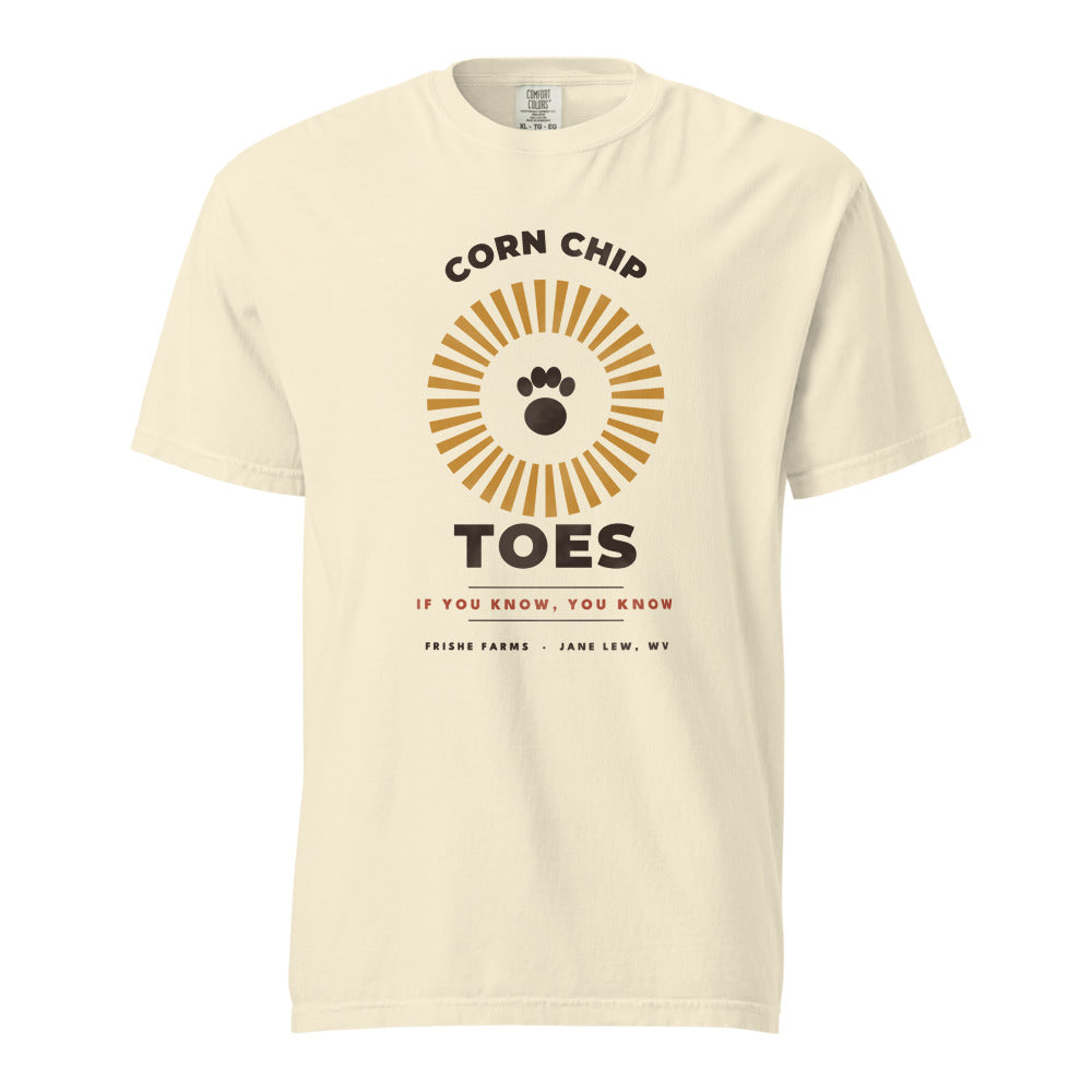 Corn Chip Toes dachshund t-shirt in Ivory — retro sunburst and paw print in espresso and golden ochre