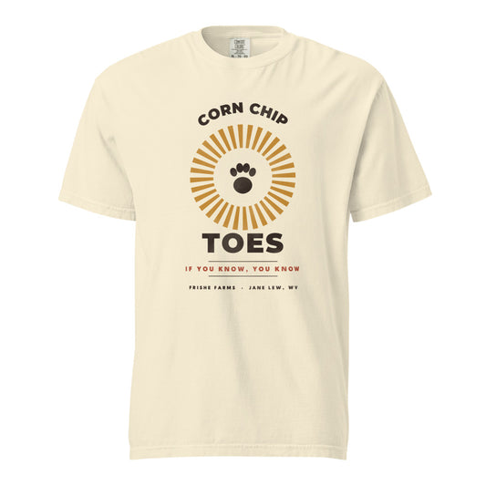 Corn Chip Toes dachshund t-shirt in Ivory — retro sunburst and paw print in espresso and golden ochre
