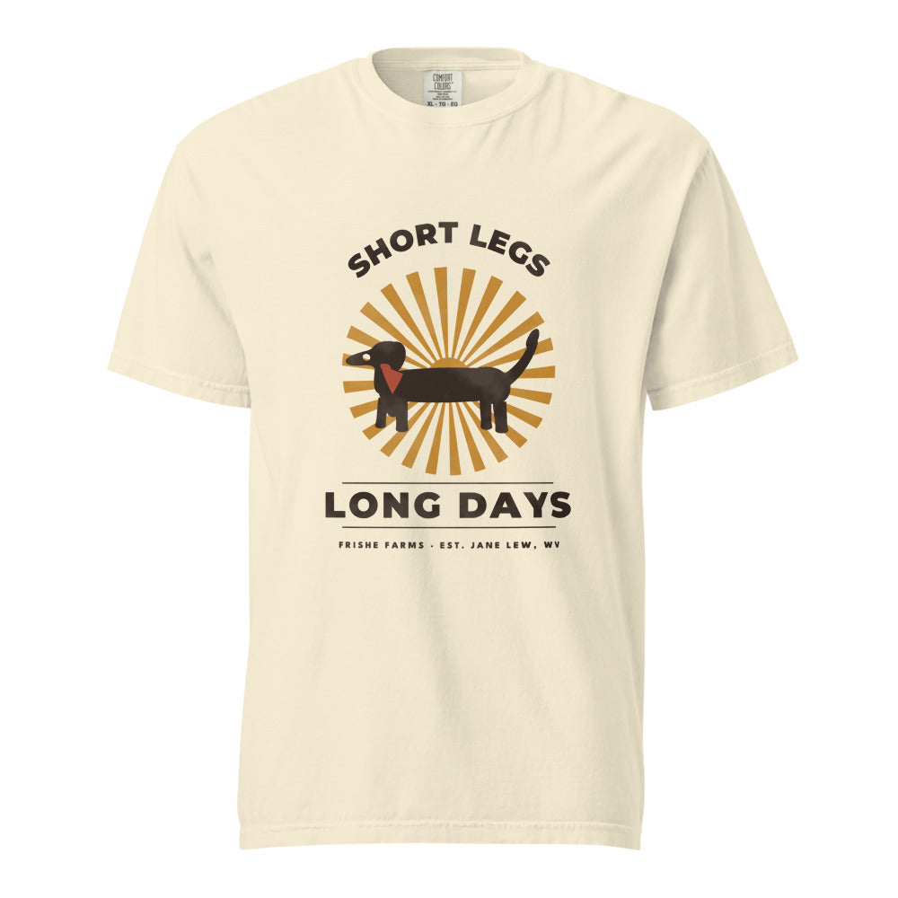 Short Legs Long Days dachshund t-shirt in Ivory — retro sunburst with a bandana-wearing wiener dog