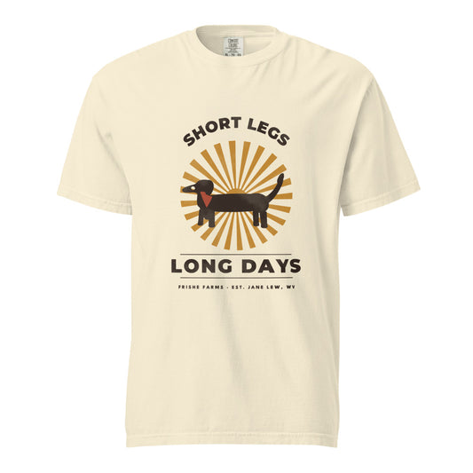 Short Legs Long Days dachshund t-shirt in Ivory — retro sunburst with a bandana-wearing wiener dog
