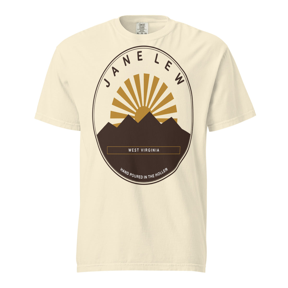 Jane Lew, West Virginia tee in Ivory — sunrise badge printed on garment-dyed Comfort Colors