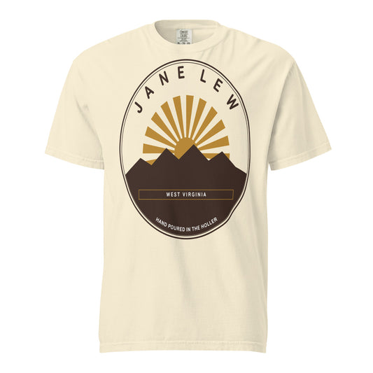 Jane Lew, West Virginia tee in Ivory — sunrise badge printed on garment-dyed Comfort Colors