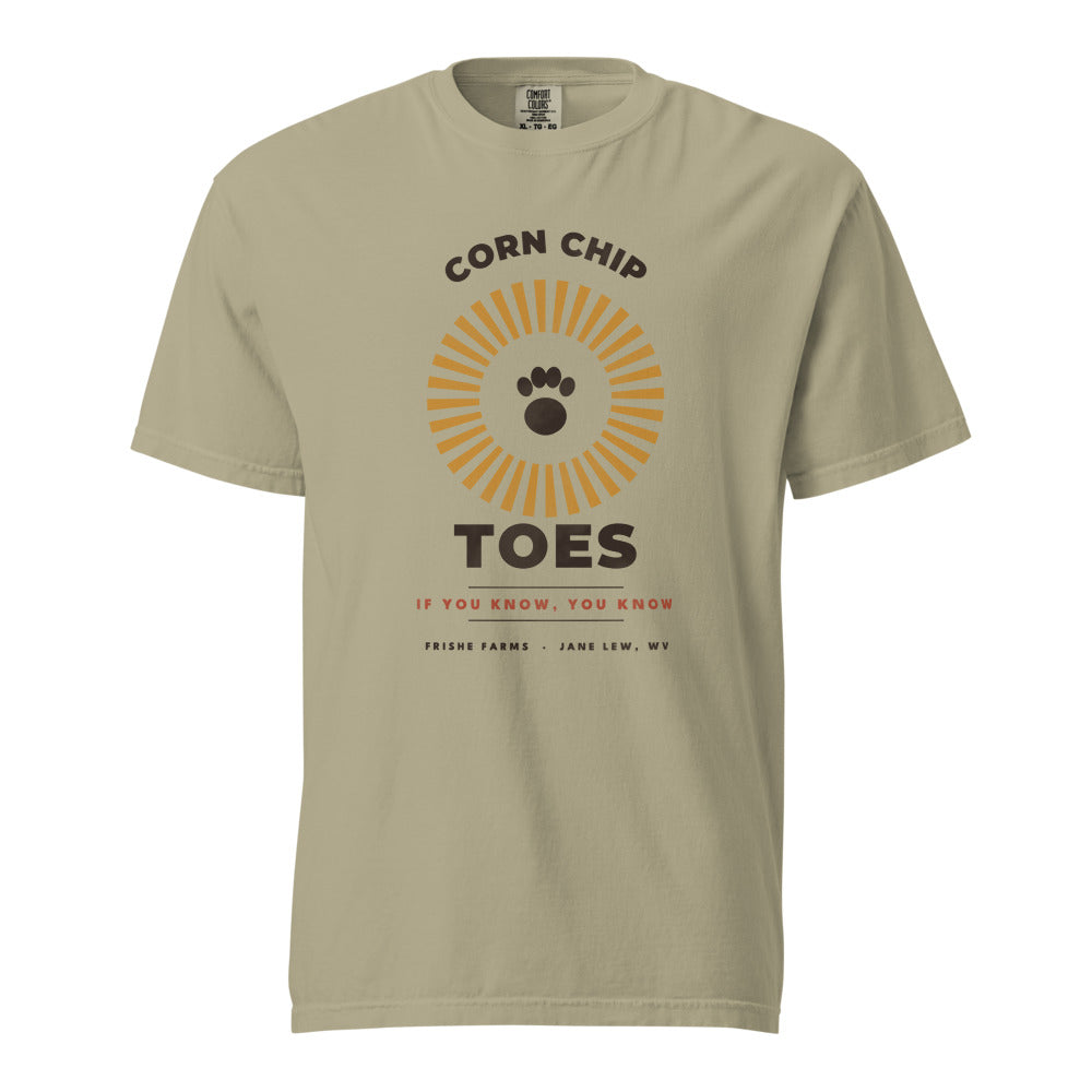 Corn Chip Toes dachshund t-shirt in Khaki — retro sunburst and paw print