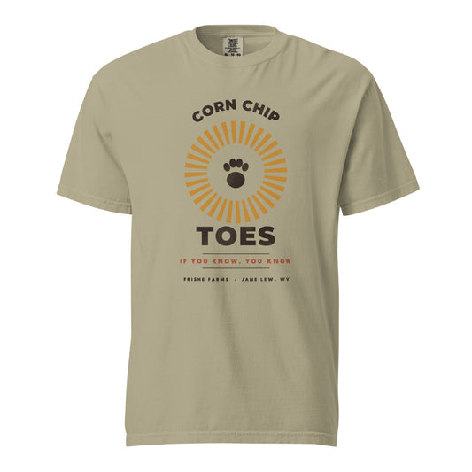 Corn Chip Toes dachshund t-shirt in Khaki — retro sunburst and paw print