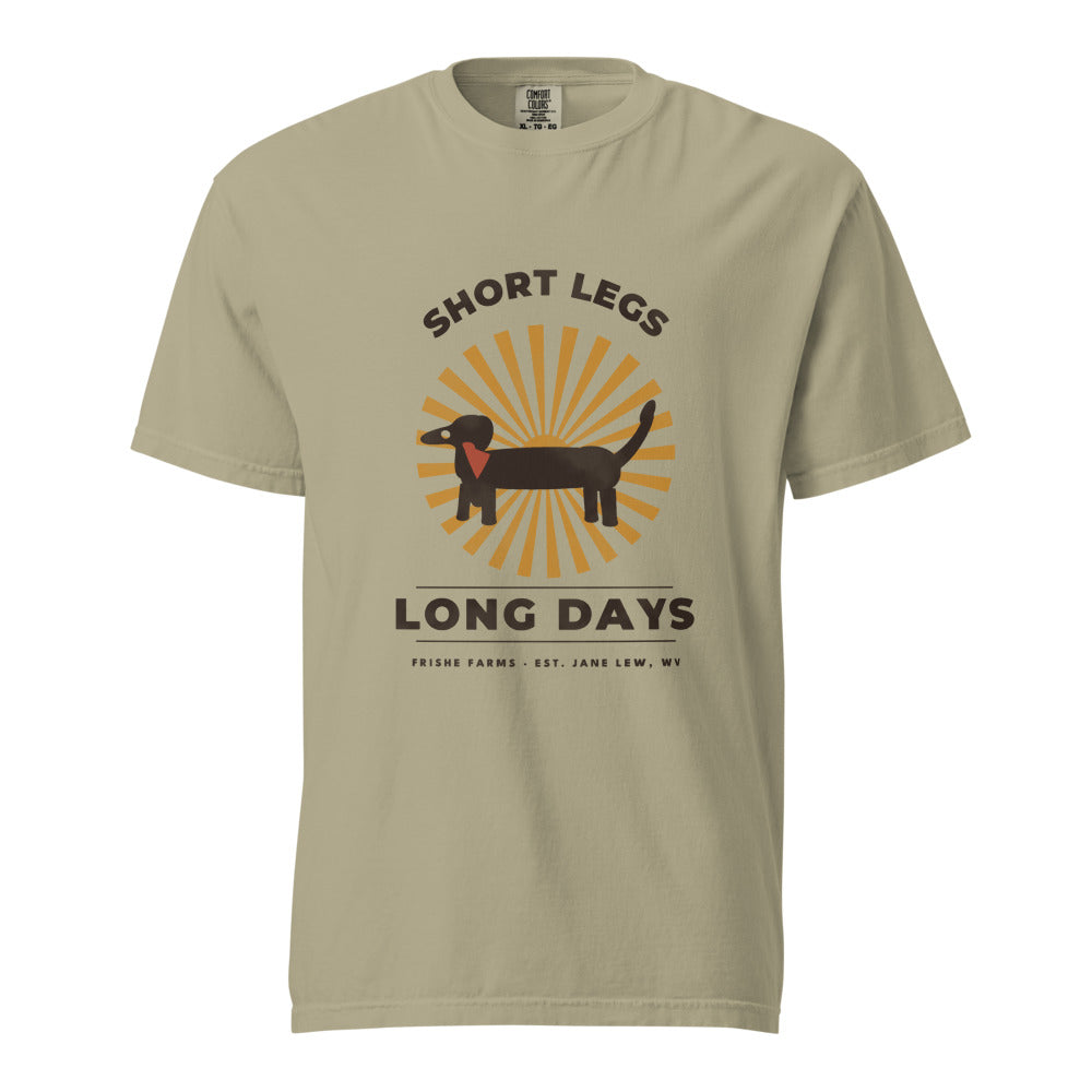 Short Legs Long Days dachshund t-shirt in Khaki — retro sunburst with a bandana-wearing wiener dog