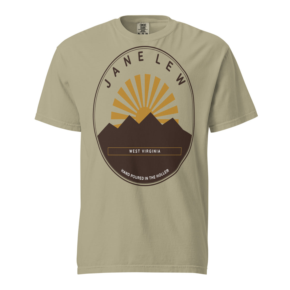 Jane Lew, West Virginia tee in Khaki — sunrise badge printed on garment-dyed Comfort Colors
