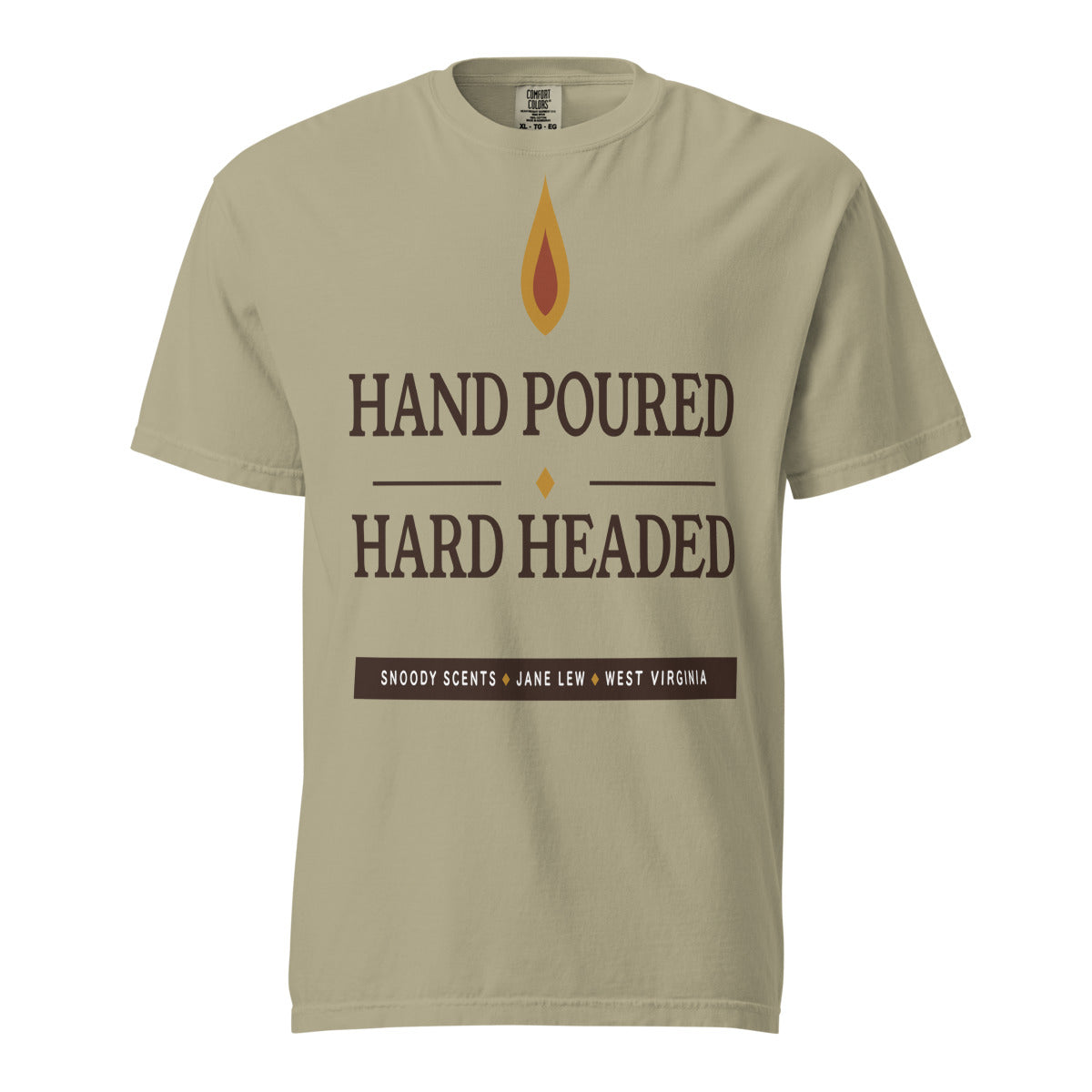 Hand Poured, Hard Headed tee in Khaki — candle flame and stacked serif type on garment-dyed Comfort Colors