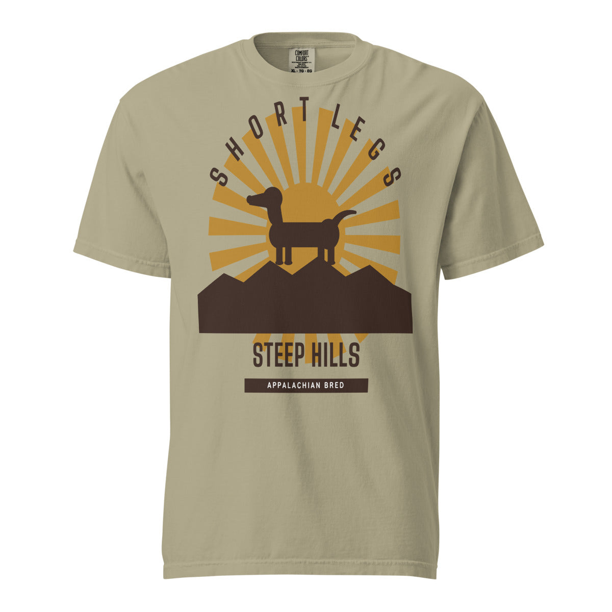 Short Legs, Steep Hills tee in Khaki — dachshund on an Appalachian ridge at sunrise, garment-dyed Comfort Colors