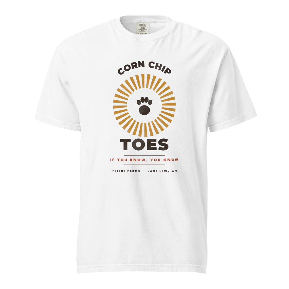 Corn Chip Toes dachshund t-shirt in White — retro sunburst and paw print