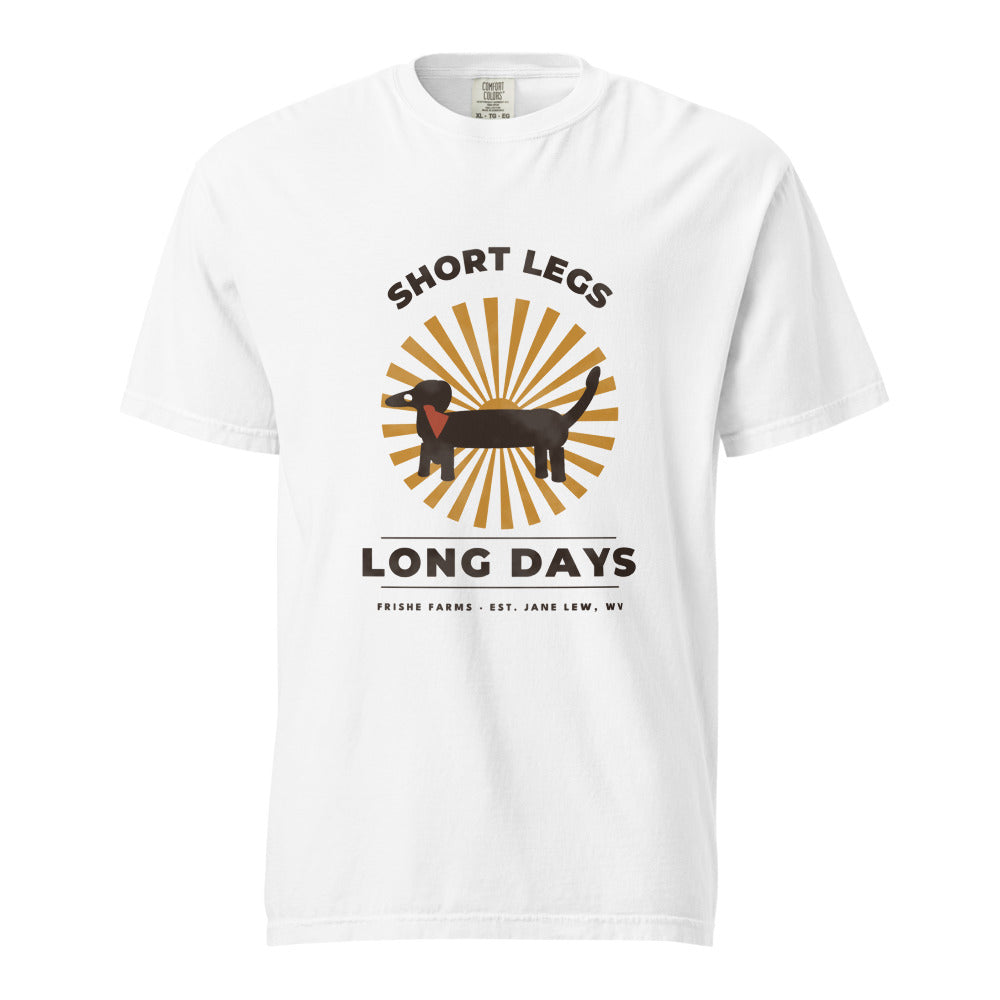 Short Legs Long Days dachshund t-shirt in White — retro sunburst with a bandana-wearing wiener dog