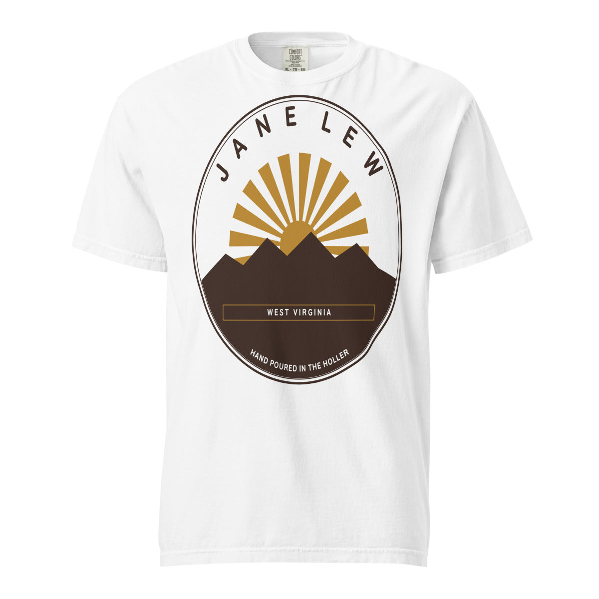 Jane Lew, West Virginia tee in White — sunrise badge printed on garment-dyed Comfort Colors