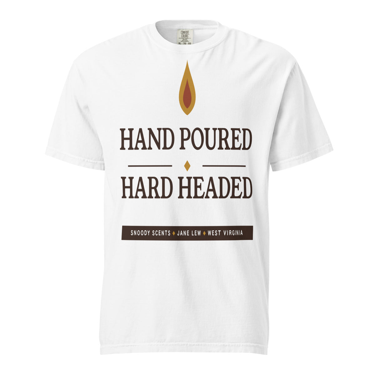 Hand Poured, Hard Headed tee in White — candle flame and stacked serif type on garment-dyed Comfort Colors